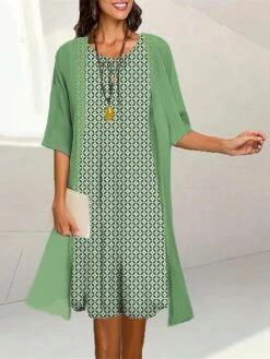 Women's Two Piece Dress Set Casual Dress Print Dress Outdoor Daily Fashion Elegant Print Midi Dress Crew Neck 3/4 Length Sleeve Geometric Loose Fit Yellow Pink Blue Summer Spring S M L XL XXL -HANA Luxury Wear Shop qwslpv1689736240652