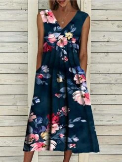 Women's Two Piece Dress Set Casual Dress Print Dress Daily Vacation Fashion Streetwear Pocket Print Midi Dress V Neck Half Sleeve Floral Regular Fit Navy Blue Summer Spring S M L XL XXL -HANA Luxury Wear Shop qxjlcz1684896116611