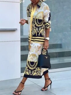 Women's Shirt Dress Casual Dress Maxi Long Dress Outdoor Daily Vacation Polyester Vintage Retro Shirt Collar Button Print Long Sleeve Fall Winter 2023 Loose Fit Yellow Color Block Tribal Ethnic S M L -HANA Luxury Wear Shop qxjzva1696746954137