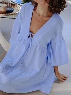 Women's Casual Dress Cotton Linen Dress Mini Dress Cotton Daily Basic Outdoor Home Daily V Neck Ruched Button 3/4 Length Sleeve Fall Autumn 2023 Loose Fit Navy Blue Blue Purple Plain S M L -HANA Luxury Wear Shop qxomnt1692936383362