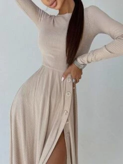 Women's Sweater Dress Winter Dress Jumper Dress Midi Dress Button Split Daily Date Going Out Fashion Basic Crew Neck Long Sleeve 2023 Regular Fit Black Blue Camel Color S M L XL Size -HANA Luxury Wear Shop qxzyxd1692357249585