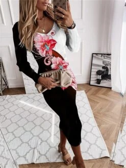 Women's Sweater Dress Jumper Dress Casual Dress Midi Dress Warm Floral Outdoor Daily Holiday Vacation V Neck Long Sleeve 2023 Regular Fit Red Blue Green S M L XL XXL 3XL -HANA Luxury Wear Shop qylqjh1695714743198