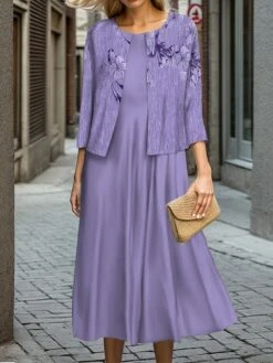 Women's Two Piece Dress Set Casual Dress Swing Dress Outdoor Office Fashion Streetwear Print Midi Dress Crew Neck 3/4 Length Sleeve Floral Regular Fit Blue Purple Green Fall Winter S M L XL XXL -HANA Luxury Wear Shop qymman1697524426724