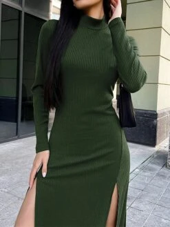 Women's Sweater Dress Jumper Dress Casual Dress Midi Dress Fashion Pure Color Outdoor Daily Vacation Going Out Turtleneck Long Sleeve 2023 Regular Fit Pink Green S M L -HANA Luxury Wear Shop qzblnt1695643230411