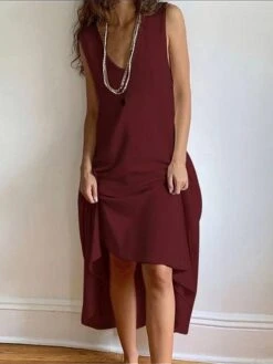 Women's Casual Dress Cotton Linen Dress Swing Dress Maxi Long Dress Cotton Blend Basic Modern Outdoor Daily Vacation V Neck Basic Sleeveless Summer Spring 2023 Regular Fit Black Wine Khaki Plain S M -HANA Luxury Wear Shop qzfwfg1686030304394