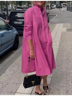 Women's Shirt Dress Midi Dress Daily Polyester Fashion Elegant Shirt Collar Pocket Long Sleeve Summer Spring Fall 2023 Loose Fit Pink Royal Blue Green Plain Pure Color S M L XL 2XL -HANA Luxury Wear Shop radrtk1686713787885