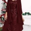 Women's Two Piece Dress Set Party Dress Lace Dress Party Outdoor Fashion Streetwear Lace Patchwork Midi Dress V Neck 3/4 Length Sleeve Plain Regular Fit Wine Fall Winter S M L XL XXL -HANA Luxury Wear Shop ragvbb1697016756804