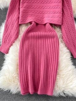 Women's Two Piece Dress Set Casual Dress Sheath Dress Outdoor Daily Fashion Streetwear Ruched Midi Dress Crew Neck Long Sleeve Plain Loose Fit Black White Wine Fall Winter One-Size -HANA Luxury Wear Shop rbdhhd1694057142833