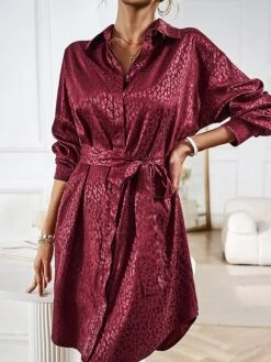 Women's Shirt Dress Midi Dress Outdoor Date Vacation Satin Fashion Elegant Shirt Collar Lace Up Button Long Sleeve Spring Fall Winter 2023 Loose Fit Black Wine Brown Pure Color S M L XL -HANA Luxury Wear Shop rbdkgx1692856937515