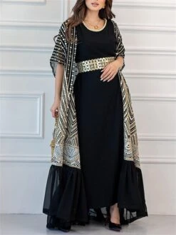 Women's Two Piece Dress Set Party Dress Sheath Dress Party Cocktail Party Fashion Party Lace Up Ruched Long Dress Maxi Dress Crew Neck Short Sleeve Print Loose Fit Black White Green Fall Winter S M L -HANA Luxury Wear Shop rbehhg1696691500783