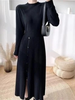 Women's Sweater Dress Winter Dress Jumper Dress Midi Dress Pleated Button Daily Date Going Out Fashion Basic Crew Neck Long Sleeve 2023 Slim Black Brown Green Color S M L XL Size -HANA Luxury Wear Shop rbyybe1692687929599