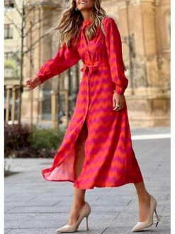 Women's Shirt Dress Casual Dress Midi Dress Outdoor Vacation Polyester Fashion Casual Shirt Collar Button Pocket Long Sleeve Summer Spring Fall 2023 Loose Fit Red Color Block S M L XL XXL