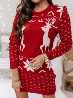 Women‘s Christmas Sweater Dress Jumper Dress Winter Dress Fashion Ugly Christmas Outdoor Christmas Daily Vacation Crew Neck Long Sleeve Button 2023 Loose Fit Wine S M L XL -HANA Luxury Wear Shop rdbbps1694602180833