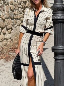 Women's Shirt Dress Casual Dress Shift Dress Maxi Long Dress Outdoor Daily Vacation Polyester Fashion Basic Shirt Collar Button Split Long Sleeve Summer Spring Fall 2023 Regular Fit White Purple