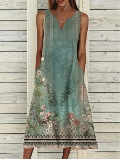 Women's Two Piece Dress Set Casual Dress Shift Dress Daily Going Out Fashion Casual Pocket Print Midi Dress V Neck 3/4 Length Sleeve Floral Loose Fit Navy Blue Royal Blue Dark Green Summer Spring S M -HANA Luxury Wear Shop rdueip1687327196443