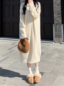 Women's Sweater Dress Jumper Dress Casual Dress Midi Dress Fashion Pure Color Outdoor Daily Vacation Going Out Lapel Long Sleeve Patchwork Button 2023 Regular Fit White Camel One Size -HANA Luxury Wear Shop rdvohu1695280919211