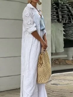 Women's Shirt Dress Casual Dress Cotton Dress Maxi Long Dress Cotton Modern Casual Outdoor Daily Vacation Shirt Collar Hollow Out Button Long Sleeve Summer Spring Fall 2023 Loose Fit White Plain S M -HANA Luxury Wear Shop rdxhqa1691143506205