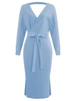 Women's Sweater Dress Winter Dress Jumper Dress Midi Dress Lace Up Split Daily Date Going Out Active Fashion V Neck Long Sleeve 2023 Regular Fit Black Yellow Fuchsia Color S M L XL XXL Size -HANA Luxury Wear Shop reaooj1692857090231