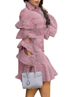 Women's Shirt Dress Sheath Dress Midi Dress Winter Dress Daily Vacation Polyester Cotton Blend Fashion Casual Shirt Collar Lace Up Ruched Long Sleeve Summer Spring Fall 2022 Regular Fit Red Light Blue -HANA Luxury Wear Shop reeeld1634352966324