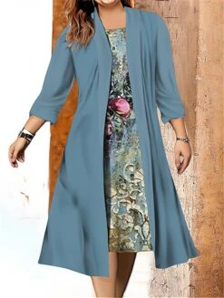 Women's Plus Size Two Piece Dress Set Casual Dress Swing Dress Outdoor Office Fashion Streetwear Print Midi Dress Crew Neck 3/4 Length Sleeve Leaf Regular Fit Blue Camel Brown Fall Winter L XL XXL -HANA Luxury Wear Shop rehxfy1697695357174
