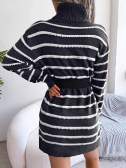 Women's Sweater Dress Jumper Dress Casual Dress Mini Dress Fashion Stripe Outdoor Daily Going Out Turtleneck Long Sleeve 2023 Loose Fit Black Khaki S M L -HANA Luxury Wear Shop rexicx1694756415018