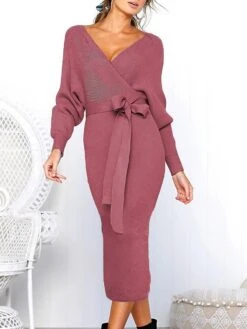 Women's Sweater Dress Winter Dress Jumper Dress Midi Dress Lace Up Split Daily Date Going Out Active Fashion V Neck Long Sleeve 2023 Regular Fit Black Yellow Fuchsia Color S M L XL XXL Size -HANA Luxury Wear Shop reyamb1692857080822