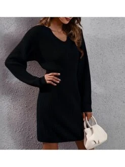 Women‘s Sweater Dress Winter Dress Knit Dress Blue Pink Red Black Long Sleeve Pure Color Patchwork Winter Fall V Neck Stylish Casual Modern Fall Dress 2022 S M L XL -HANA Luxury Wear Shop rfejag1662089968858