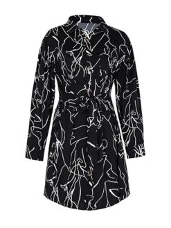 Women's Shirt Dress Casual Dress Mini Dress Outdoor Daily Date Polyester Fashion Modern Shirt Collar Lace Up Button Long Sleeve Fall Winter 2023 Regular Fit Black Geometric S M L XL -HANA Luxury Wear Shop rfrkwm1695367372630