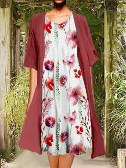 Women's Two Piece Dress Set Casual Dress Print Dress Outdoor Daily Fashion Elegant Print Midi Dress Crew Neck 3/4 Length Sleeve Floral Regular Fit Wine Blue Green Summer Spring S M L XL XXL -HANA Luxury Wear Shop rfvzap1681727801896