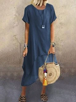 Women's Casual Dress Cotton Linen Dress A Line Dress Midi Dress Cotton Blend Basic Modern Outdoor Daily Crew Neck Ruffle Layered Short Sleeve Summer Spring 2023 Loose Fit Blue Green Gray Plain S M L -HANA Luxury Wear Shop rhomio1683603772349