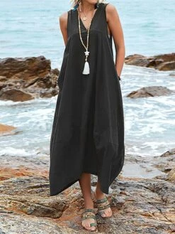 Women's Casual Dress Cotton Dress Swing Dress Maxi Long Dress Cotton Blend Basic Classic Outdoor Daily V Neck Pocket Sleeveless Summer Spring 2023 Regular Fit Black Wine Khaki Plain S M L XL 2XL -HANA Luxury Wear Shop rhoyam1686713211561