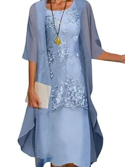 Women's Dress Set Lace Dress Midi Dress Light Blue Green Gray Half Sleeve Floral Embroidered Layered Patchwork Summer Spring Fall Crew Neck Elegant Chinoiserie 2023 M L XL XXL XXXL 4XL 5XL -HANA Luxury Wear Shop rhpzdl1651733209480