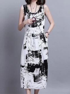 Women's Two Piece Dress Set Casual Dress Cotton Linen Dress Daily Holiday Fashion Streetwear Pocket Drawstring Midi Dress Crew Neck Long Sleeve Painting Print Loose Fit Black Dark Blue Fall Winter M -HANA Luxury Wear Shop rifjod1694068676945