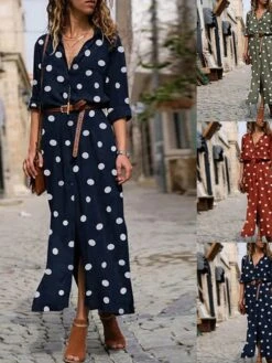 Women's Shirt Dress Maxi Long Dress Winter Dress Daily Date Polyester Fashion Elegant Shirt Collar Print Long Sleeve Summer Spring Fall 2022 Regular Fit Black Army Green Red Polka Dot Round Dots S M -HANA Luxury Wear Shop rireik1692610686936