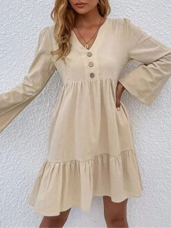 Women's Casual Dress Cotton Linen Dress Mini Dress Linen / Cotton Blend Basic Classic Outdoor Daily Vacation Split Neck Ruffle Button Long Sleeve Fall Winter Autumn 2023 Loose Fit Apricot Plain S M L -HANA Luxury Wear Shop rixonr1695014844859