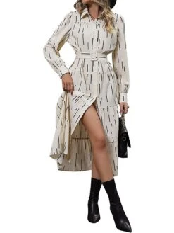 Women's Shirt Dress Casual Dress Midi Dress Outdoor Daily Polyester Fashion Modern Shirt Collar Button Pocket Long Sleeve Fall Winter 2023 Loose Fit Apricot Geometric Striped S M L XL -HANA Luxury Wear Shop rjrpqz1695027678217