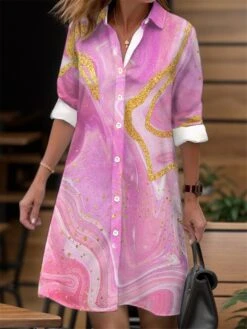 Women's Shirt Dress Casual Dress Midi Dress Outdoor Daily Date Polyester Fashion Modern Shirt Collar Button Pocket Long Sleeve Fall Winter 2023 Loose Fit Pink Purple Striped Ombre S M L XL 2XL -HANA Luxury Wear Shop rjxorl1695280782939