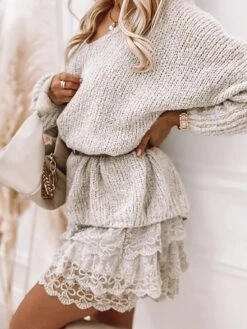 Women‘s Sweater Dress Winter Dress Knit Dress Mini Dress Beige Long Sleeve Floral With Belt Fall Winter Autumn V Neck Stylish Winter Dress Fall Dress 2023 S M L XL XXL 3XL -HANA Luxury Wear Shop rkfaxm1672380998795