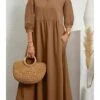 Women's Casual Dress Cotton Linen Dress Swing Dress Midi Dress White Pink Brown Half Sleeve Pure Color Ruched Fall Winter Autumn Crew Neck Casual Loose Fit 2023 S M L XL XXL -HANA Luxury Wear Shop rkhhbn1679311456661