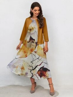 Women's Two Piece Dress Set Casual Dress Swing Dress Outdoor Office Fashion Streetwear Print Midi Dress Crew Neck 3/4 Length Sleeve Leaf Regular Fit Yellow Green Gray Fall Winter S M L XL XXL -HANA Luxury Wear Shop rkmvgw1697681153514