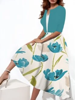 Women's Two Piece Dress Set Casual Dress Tank Dress Outdoor Daily Fashion Streetwear Pocket Print Midi Dress V Neck 3/4 Length Sleeve Floral Regular Fit Blue Purple Brown Summer Spring S M L XL XXL -HANA Luxury Wear Shop rkskuh1690547362849