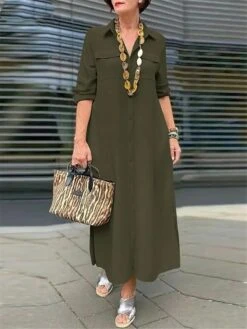 Women's Shirt Dress Casual Dress Maxi Long Dress Outdoor Daily Polyester Basic Classic Shirt Collar Button Pocket Long Sleeve Summer Spring Fall 2023 Loose Fit ArmyGreen Navy Blue Khaki Pure Color S -HANA Luxury Wear Shop rkyvzh1689043119927