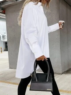 Women's Shirt Dress Casual Dress Mini Dress Outdoor Daily Vacation Cotton Fashion Modern Shirt Collar Button Split Long Sleeve Fall Winter 2023 Loose Fit Black White Blue Pure Color XS S M L XL -HANA Luxury Wear Shop rliynk1695813922536