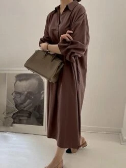 Women's Shirt Dress Casual Dress Cotton Linen Dress Maxi Long Dress Linen / Cotton Blend Basic Classic Outdoor Daily Vacation Shirt Collar Button Split Long Sleeve Spring Fall Autumn 2023 Loose Fit -HANA Luxury Wear Shop rlosum1692084356099