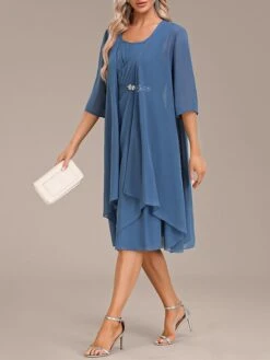 Women's Two Piece Dress Set Party Dress Chiffon Dress Party Wedding Guest Fashion Elegant Ruffle Midi Dress Crew Neck 3/4 Length Sleeve Plain Loose Fit Blue Fall Winter S M L XL XXL -HANA Luxury Wear Shop rlrydn1696604911313