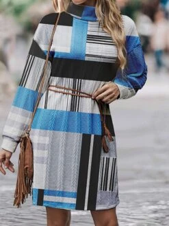 Women's Sweater Dress Jumper Dress Casual Dress Mini Dress Warm Plaid Outdoor Daily Vacation Going Out Turtleneck Long Sleeve 2023 Loose Fit Blue Orange Light Blue S M L XL XXL 3XL -HANA Luxury Wear Shop rlsrux1695887820358