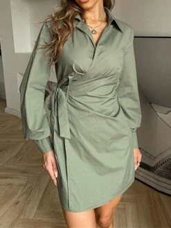 Women's Shirt Dress Casual Dress Sheath Dress Mini Dress Outdoor Daily Vacation Polyester Fashion Modern Shirt Collar Lace Up Long Sleeve Spring Fall Winter 2023 Regular Fit ArmyGreen Black White -HANA Luxury Wear Shop rlvhrz1695027661513