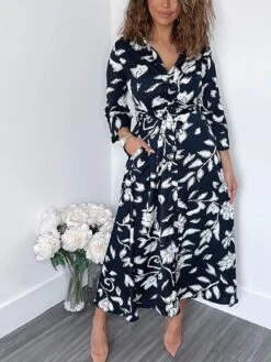Women's Shirt Dress Casual Dress Midi Dress Outdoor Daily Vacation Polyester Fashion Modern Shirt Collar Button Pocket 3/4 Length Sleeve Summer Spring Fall 2023 Regular Fit Navy Blue Green Leaf Floral -HANA Luxury Wear Shop rmdwvm1689744471943