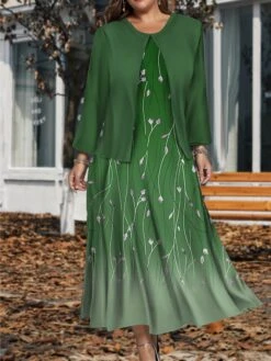 Women's Plus Size Two Piece Dress Set Casual Dress Swing Dress Outdoor Office Fashion Streetwear Print Midi Dress Crew Neck Long Sleeve Floral Ombre Regular Fit Wine Blue Green Fall Winter L XL XXL -HANA Luxury Wear Shop rmelck1697784871256