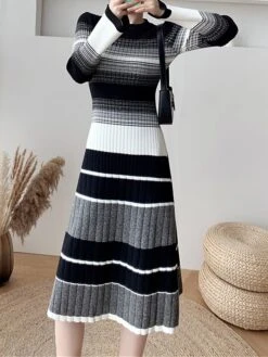 Women's Sweater Dress Winter Dress Jumper Dress Midi Dress Warm Color Block Stripe Outdoor Daily Going Out Crew Neck Long Sleeve 2023 Loose Fit Black Blue S M L XL -HANA Luxury Wear Shop rmeowa1696926581637